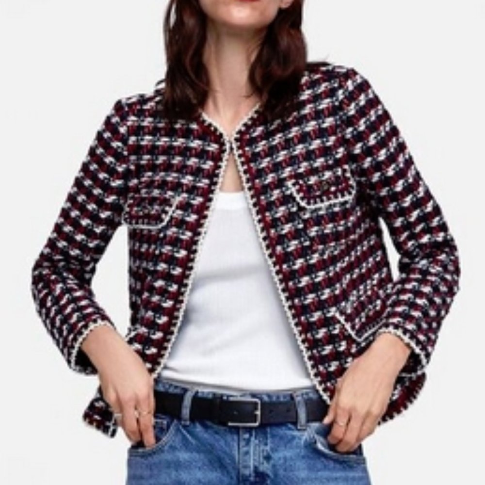 Zara Burgundy Black White Tweed Open-Front Jacket